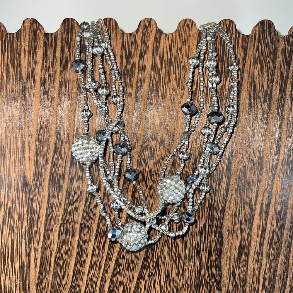 Vintage Multi-Strand Silver Tone Beaded Necklace With Rhinestone Accents & Lobst
